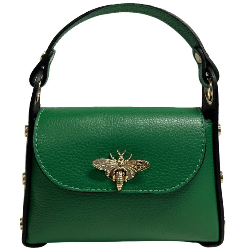 Modarno mini borsa in Vera pelle dollaro con chiusura a moschettone a forma di ape, borchie laterali, catena metallica rimovibile, manico in pelle