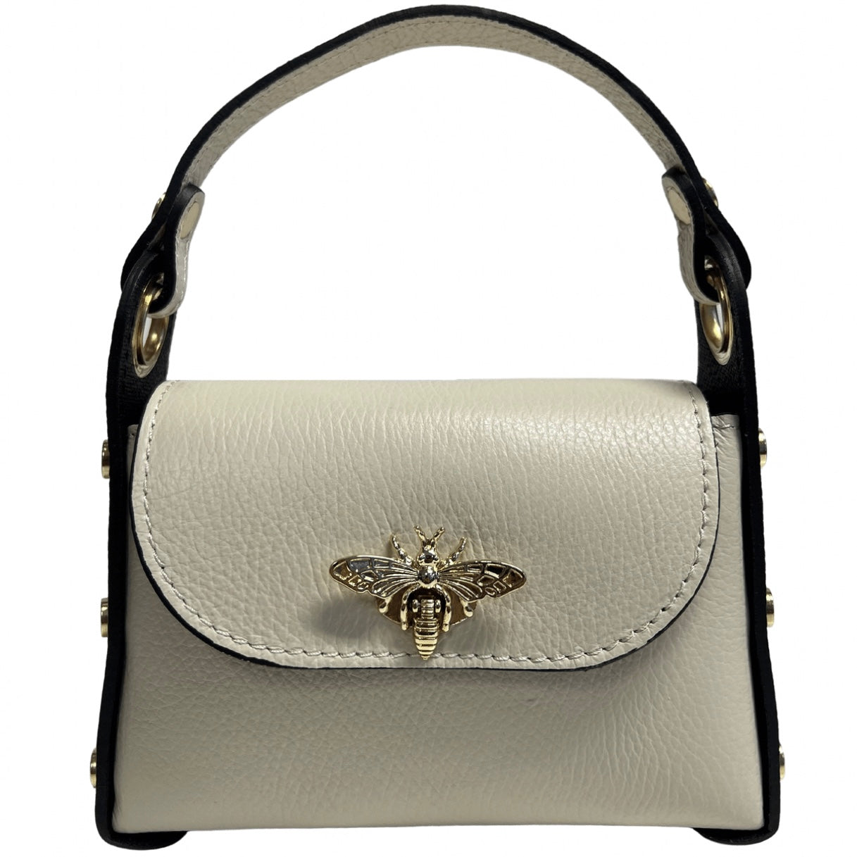 Modarno mini borsa in Vera pelle dollaro con chiusura a moschettone a forma di ape, borchie laterali, catena metallica rimovibile, manico in pelle