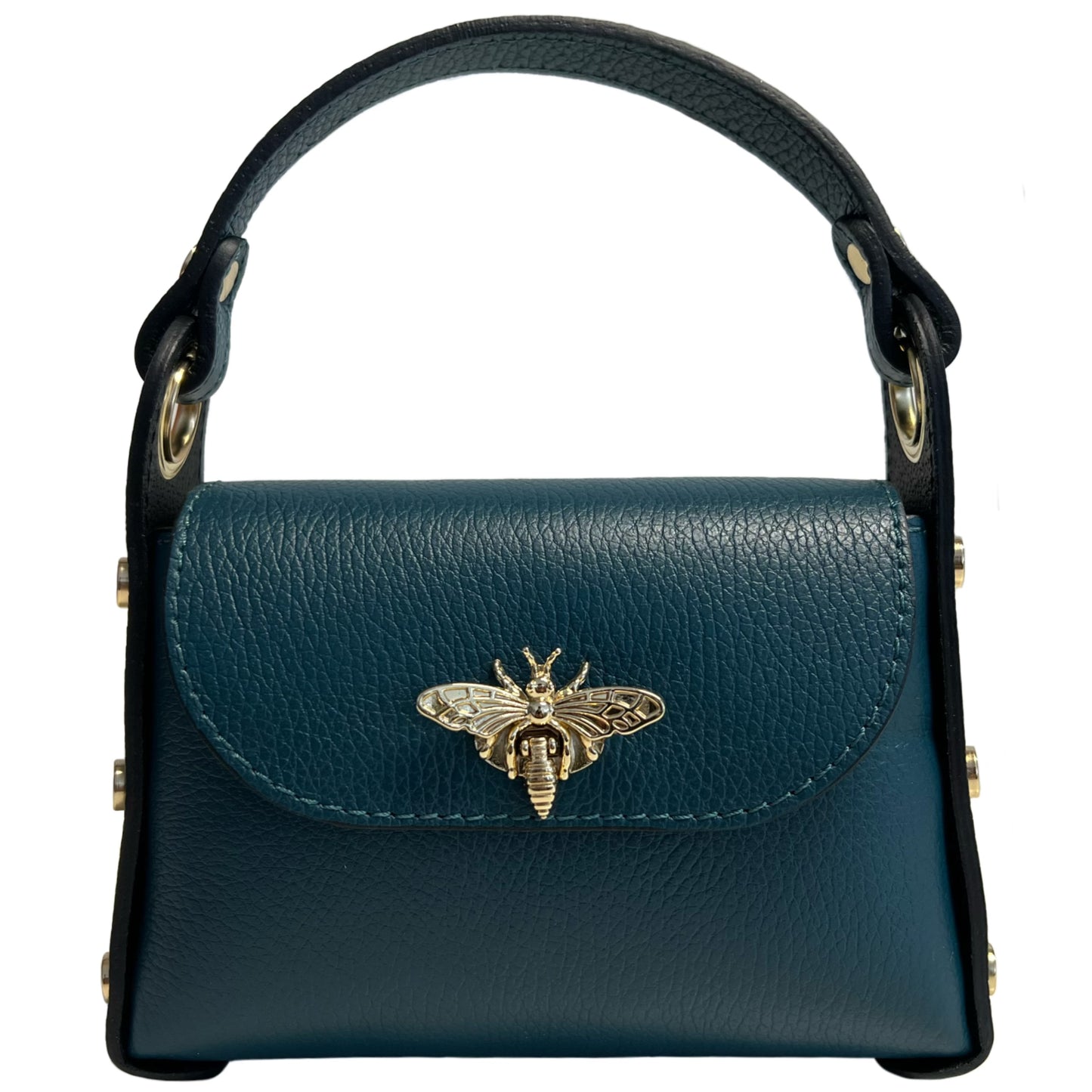 Modarno mini borsa in Vera pelle dollaro con chiusura a moschettone a forma di ape, borchie laterali, catena metallica rimovibile, manico in pelle