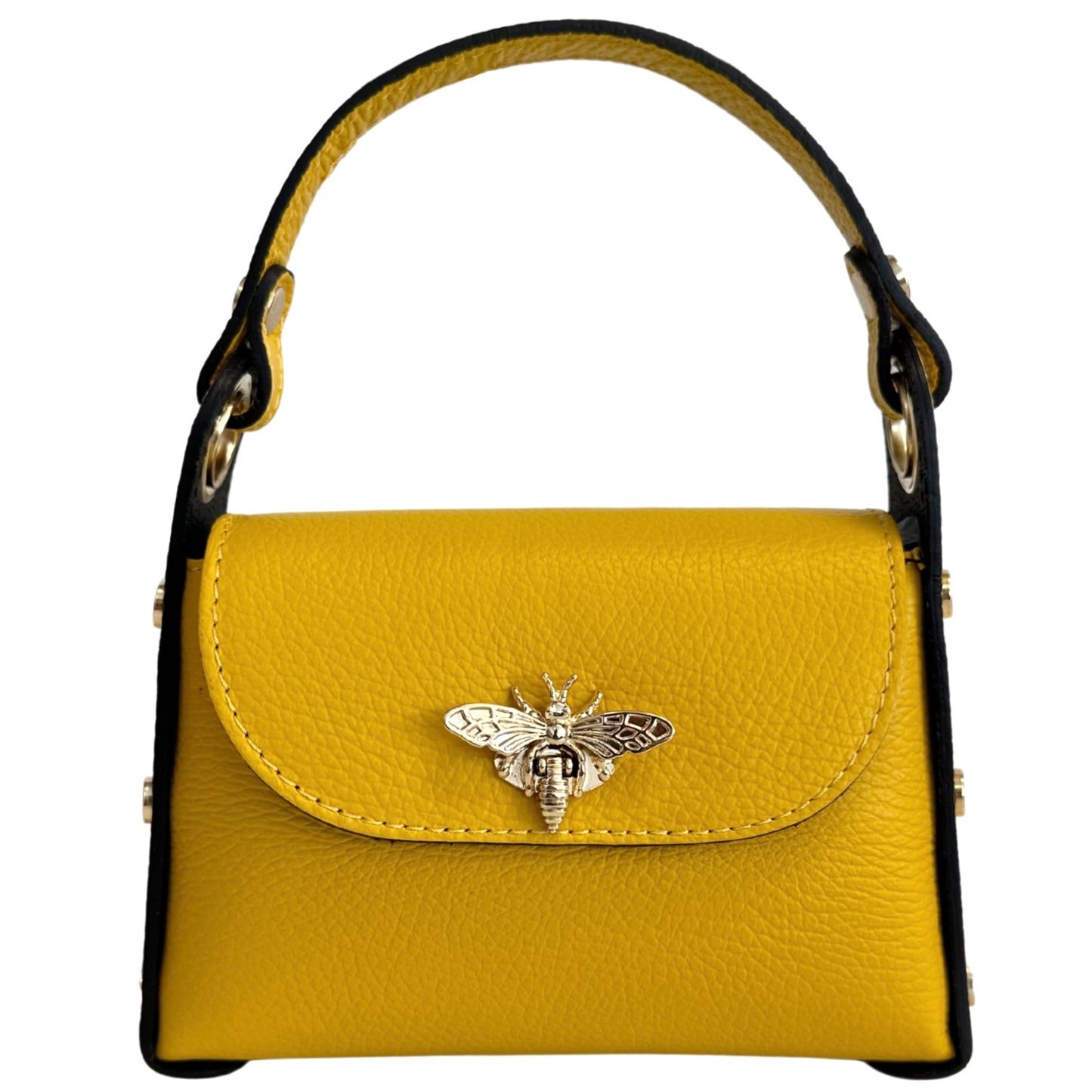 Modarno mini borsa in Vera pelle dollaro con chiusura a moschettone a forma di ape, borchie laterali, catena metallica rimovibile, manico in pelle