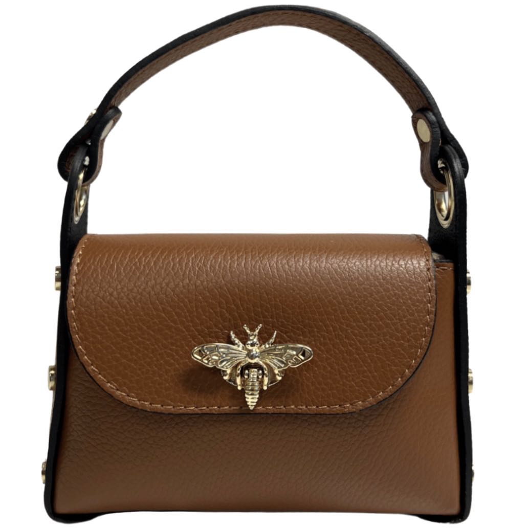 Modarno mini borsa in Vera pelle dollaro con chiusura a moschettone a forma di ape, borchie laterali, catena metallica rimovibile, manico in pelle