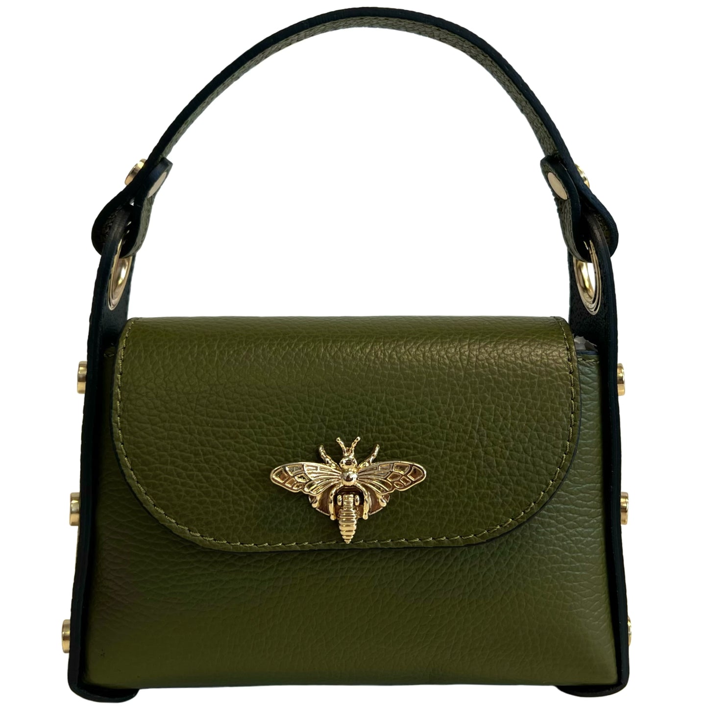 Modarno mini borsa in Vera pelle dollaro con chiusura a moschettone a forma di ape, borchie laterali, catena metallica rimovibile, manico in pelle
