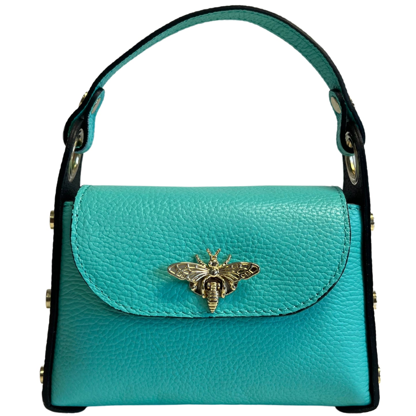 Modarno mini borsa in Vera pelle dollaro con chiusura a moschettone a forma di ape, borchie laterali, catena metallica rimovibile, manico in pelle