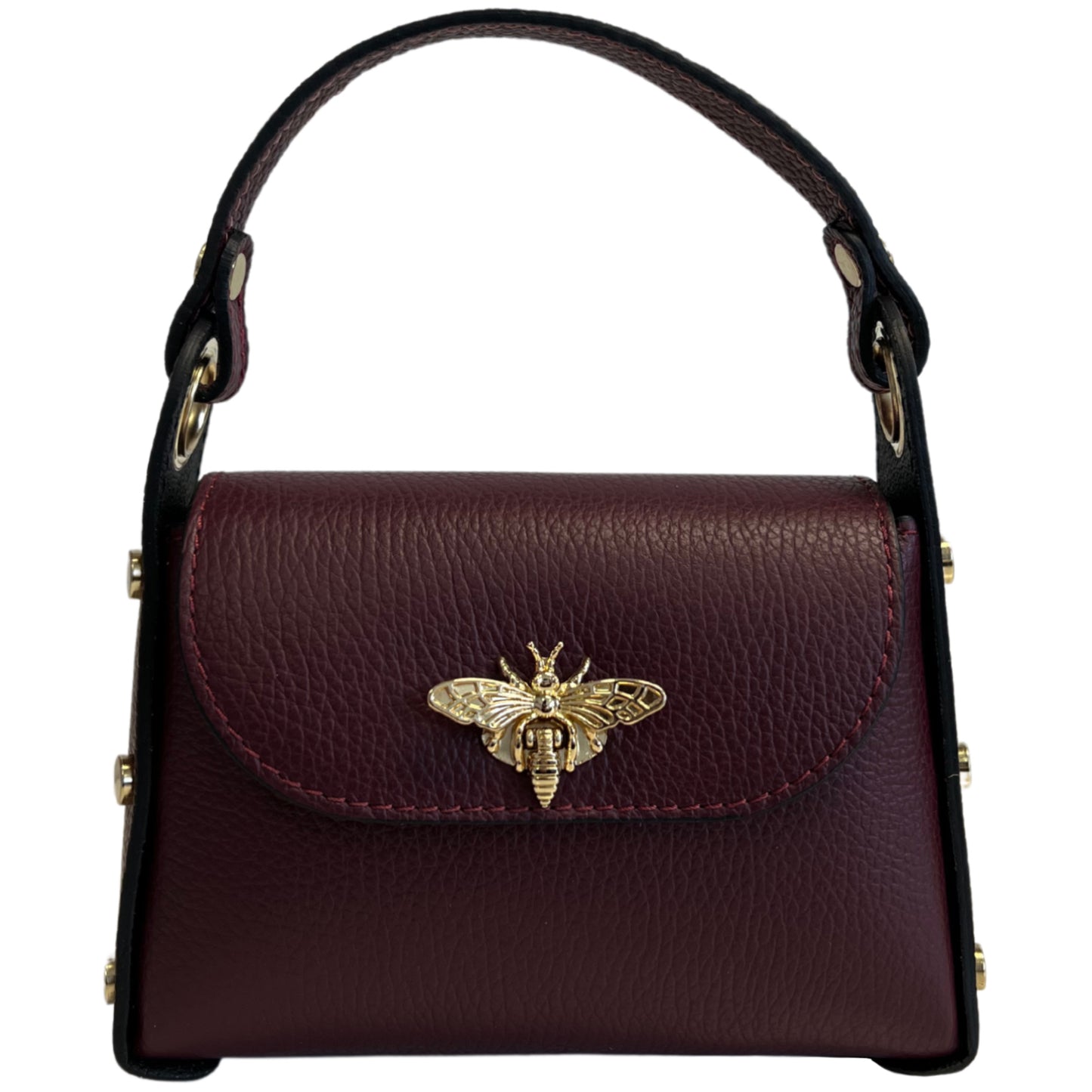 Modarno mini borsa in Vera pelle dollaro con chiusura a moschettone a forma di ape, borchie laterali, catena metallica rimovibile, manico in pelle