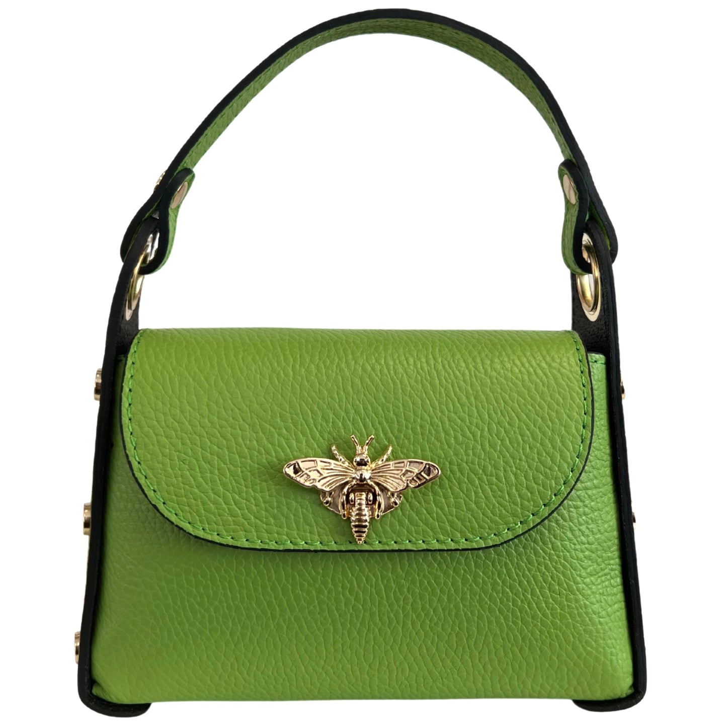 Modarno mini borsa in Vera pelle dollaro con chiusura a moschettone a forma di ape, borchie laterali, catena metallica rimovibile, manico in pelle