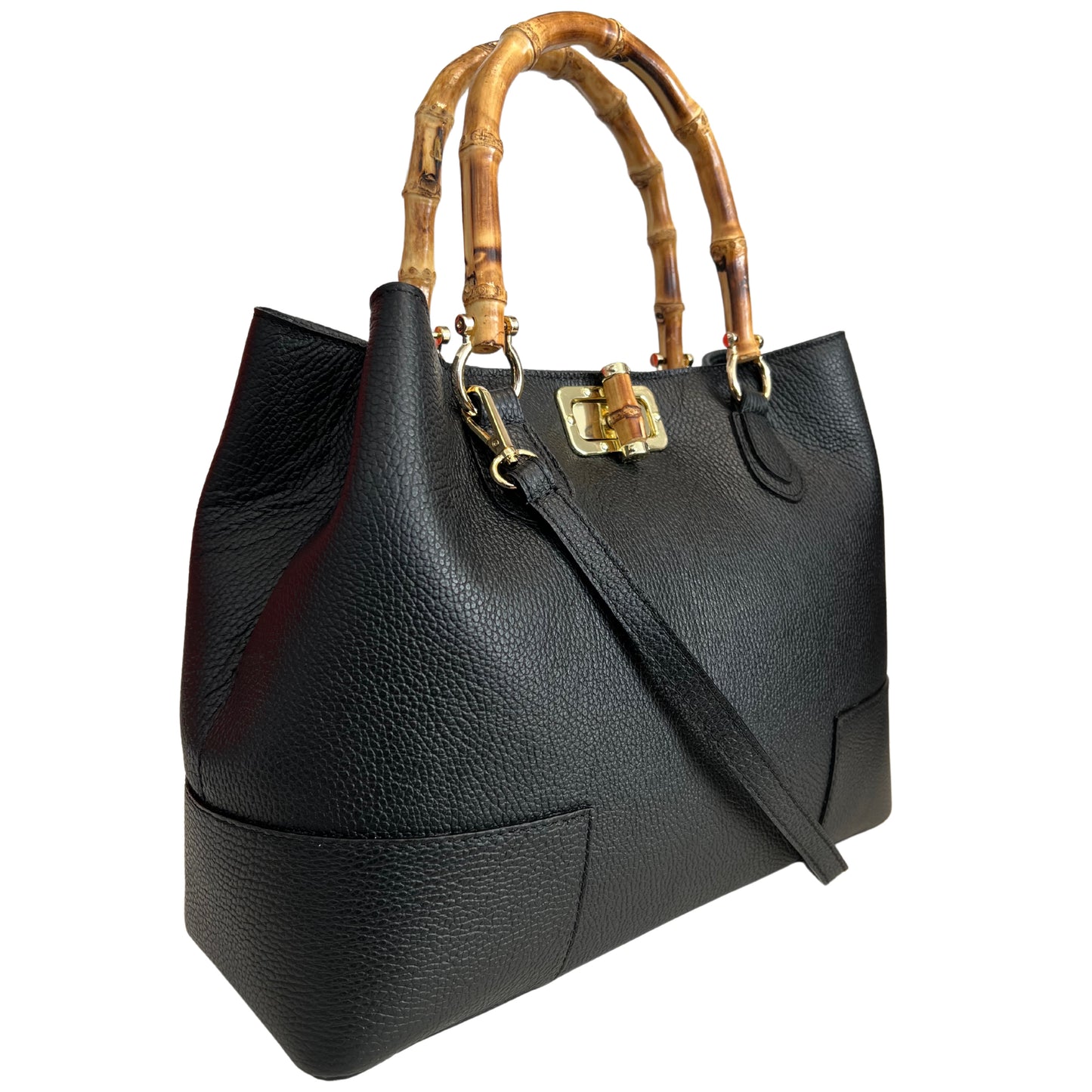 Modarno Borsa Donna in Vera Pelle con manico in vero bambù/Elegante e Minimal/Borsa di lusso Made in Italy