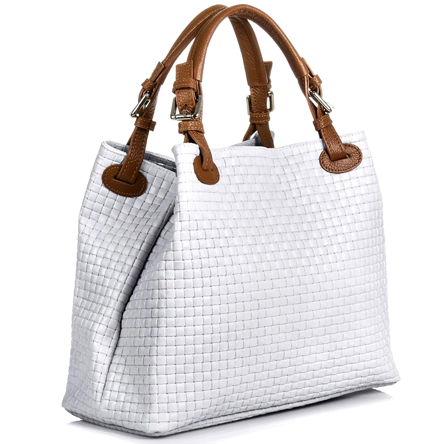 Modarno Borsa a Mano Stampa Intrecciata da Donna con Tracolla in vera pelle made in Italy - 33x17x29 Cm