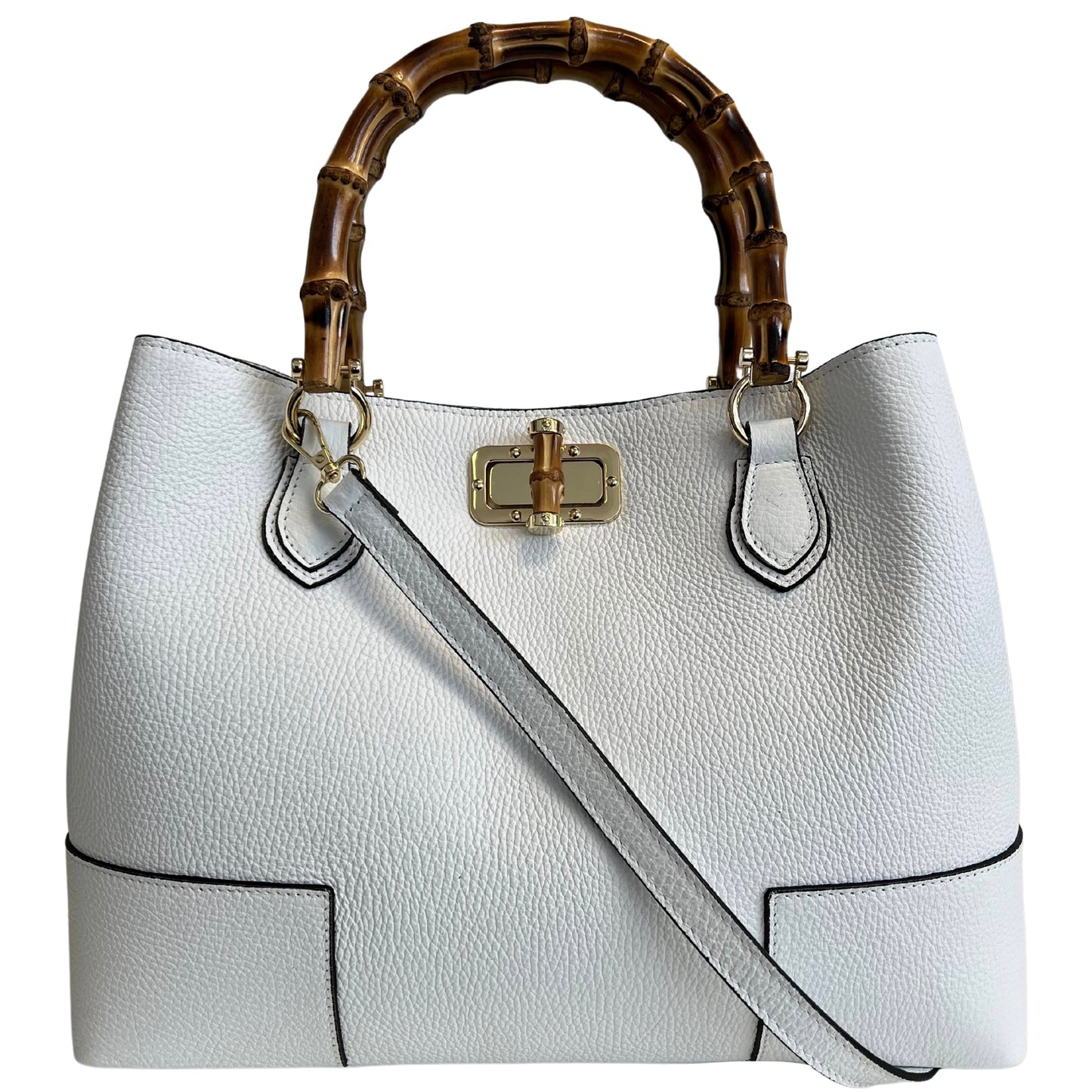 Modarno Borsa Donna in Vera Pelle con manico in vero bambù/Elegante e Minimal/Borsa di lusso Made in Italy