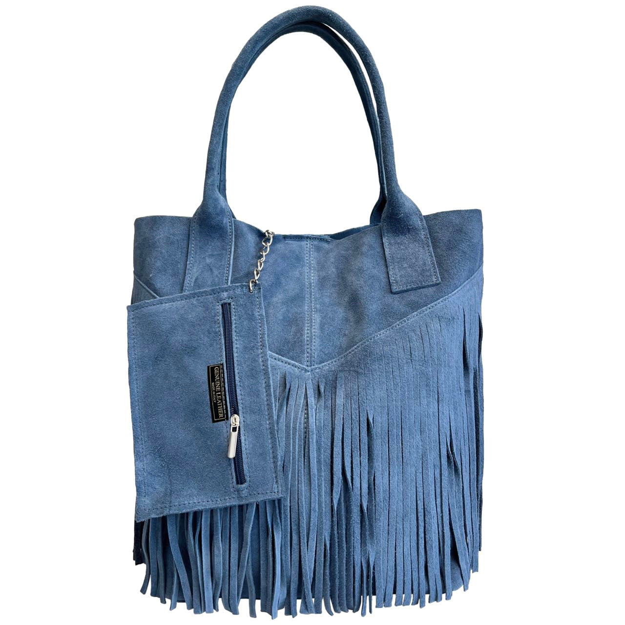 Modarno Borsa shopper da donna in vera pelle scamosciata con frangia più custodia per gioielli dello stesso colore