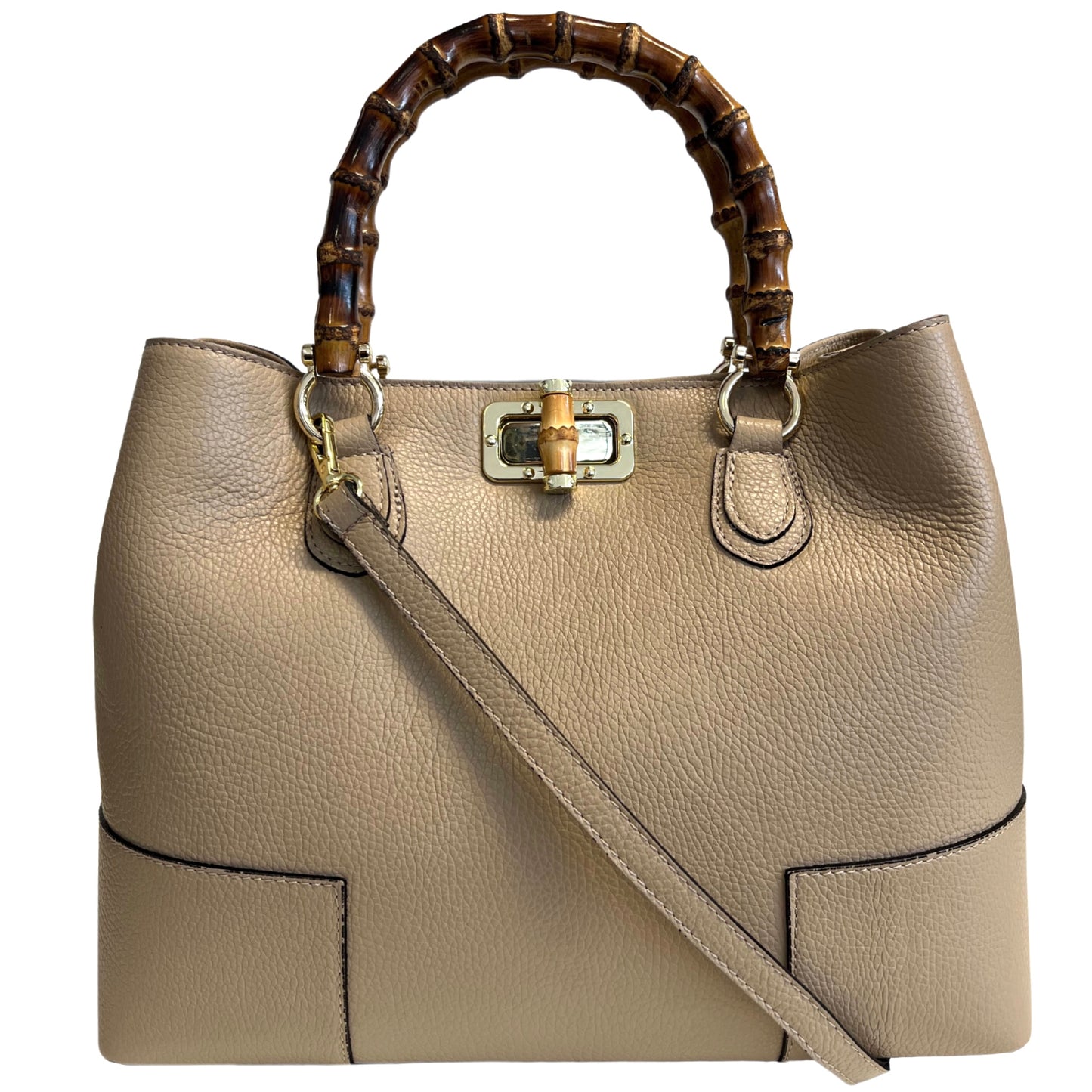 Modarno Borsa Donna in Vera Pelle con manico in vero bambù / Elegante e Minimal / Borsa di lusso Made in Italy