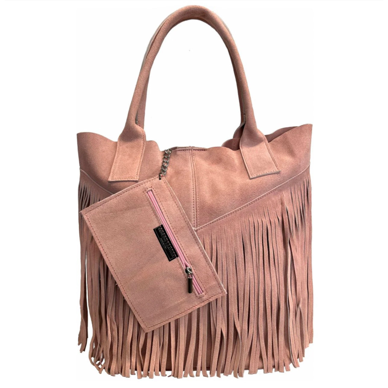 Modarno Borsa shopper da donna in vera pelle scamosciata con frangia più custodia per gioielli dello stesso colore