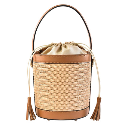 Modarno Borsa Secchiello in Vera Pelle spazzolata e rafia 18x13x16 cm