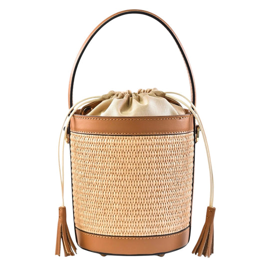 Modarno Borsa Secchiello in Vera Pelle spazzolata e rafia 18x13x16 cm
