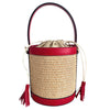 Modarno Borsa Secchiello in Vera Pelle spazzolata e rafia 18x13x16 cm