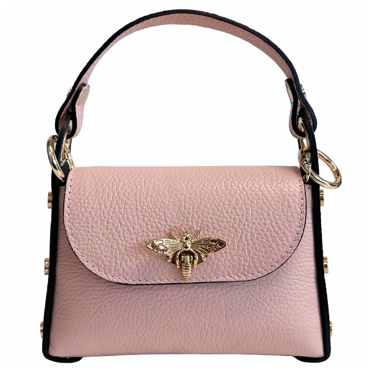 Modarno mini bag in genuine dollar leather with bee-shaped lobster clasp closure, side studs, removable metal chain, leather handle