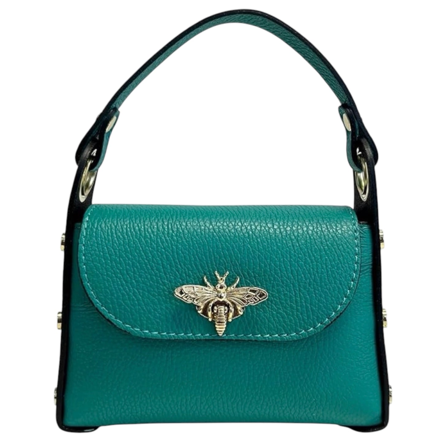 Modarno mini bag in genuine dollar leather with bee-shaped lobster clasp closure, side studs, removable metal chain, leather handle