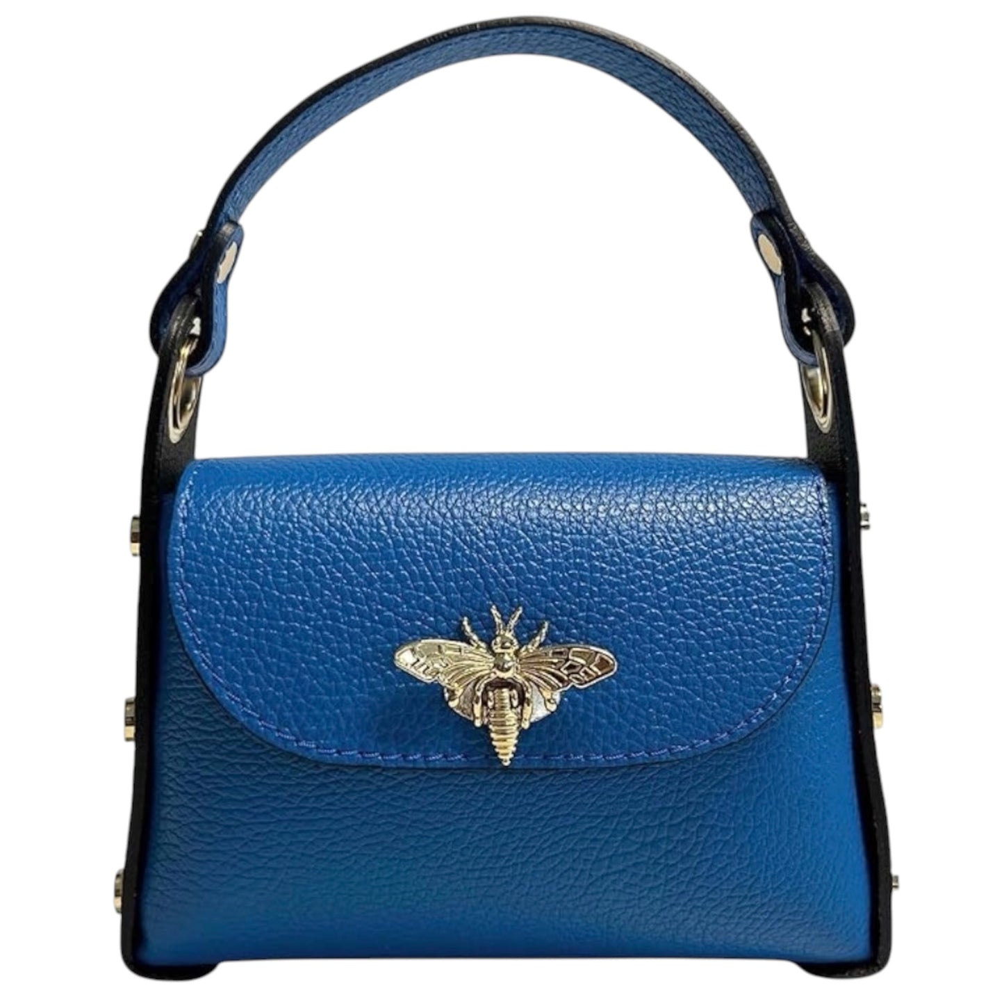 Modarno mini bag in genuine dollar leather with bee-shaped lobster clasp closure, side studs, removable metal chain, leather handle