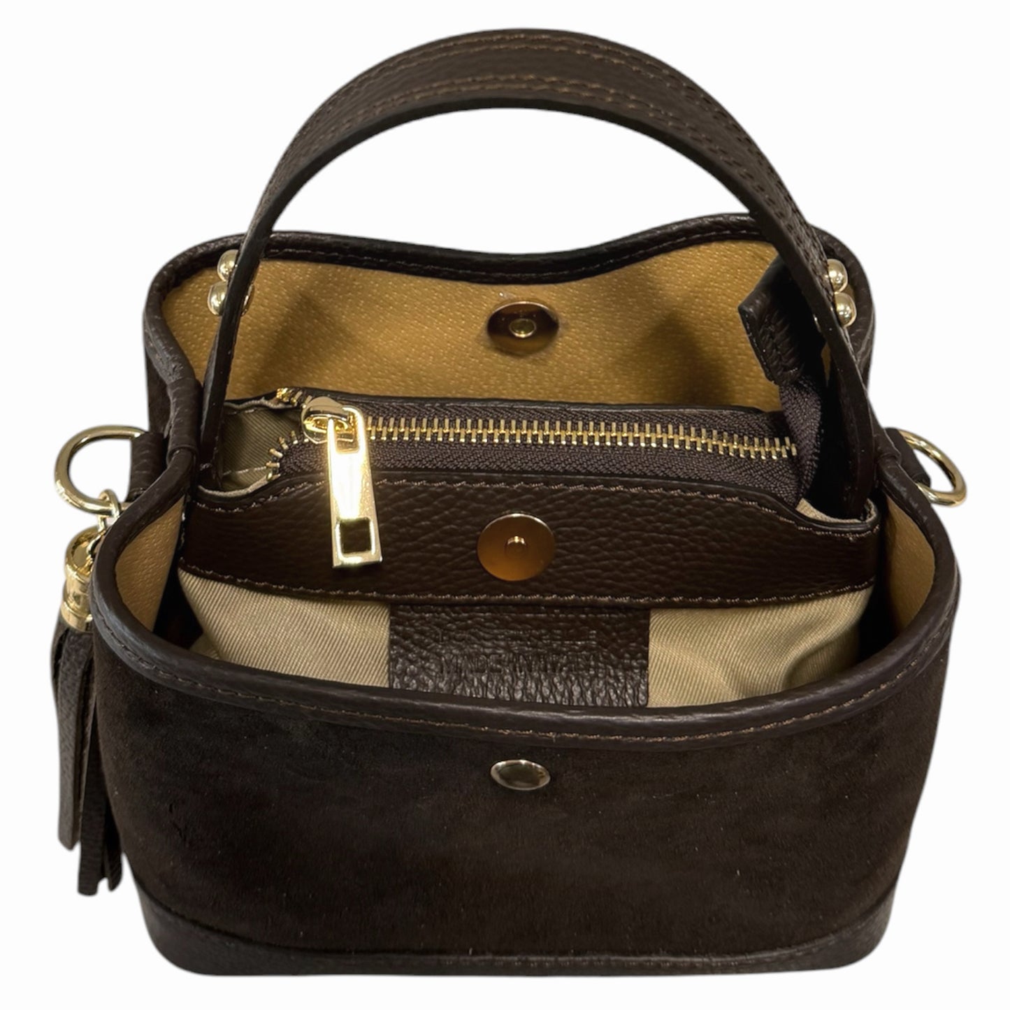 Modarno Borsetta a Secchiello in camoscio con dettagli in vera pelle 20x11x18 cm
