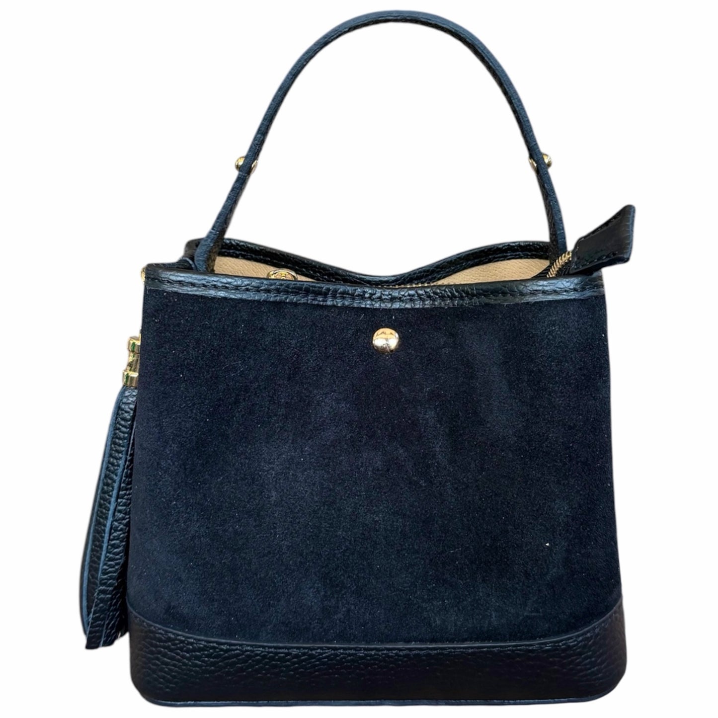 Modarno Borsa Secchiello Grande in camoscio con dettagli in vera pelle 25x14x23 cm