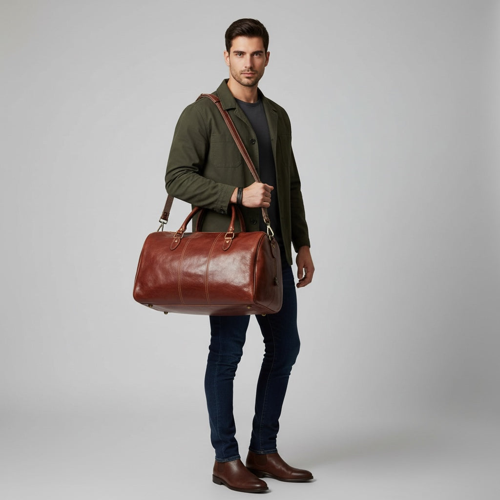 Modarno Borsone viaggio in pelle da uomo e donna borsa viaggio e borsa sport tinta unita in Vera Pelle Made in Italy