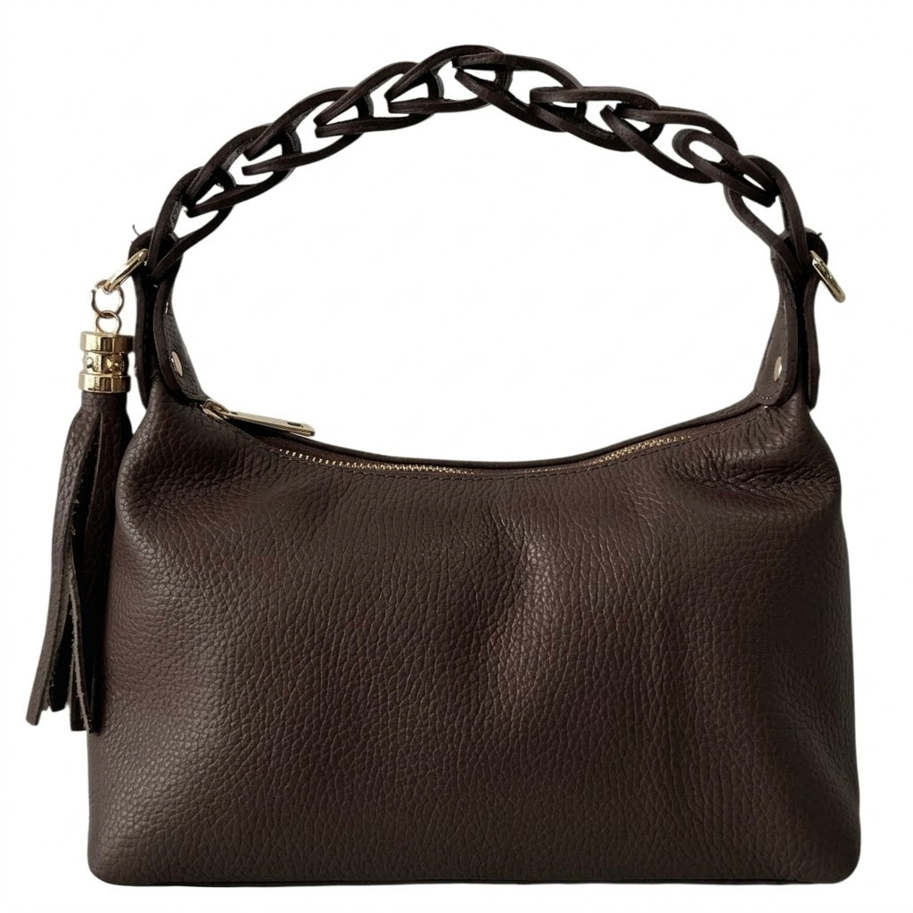 Modarno Borsetta a Mano Piccola In Vera Pelle Made in Italy Con Manico Intrecciato 26x10x16 cm