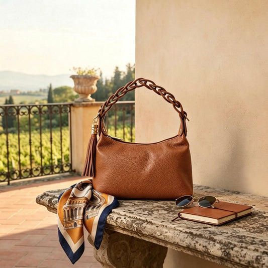 Modarno Borsetta a Mano Piccola In Vera Pelle Made in Italy Con Manico Intrecciato 26x10x16 cm
