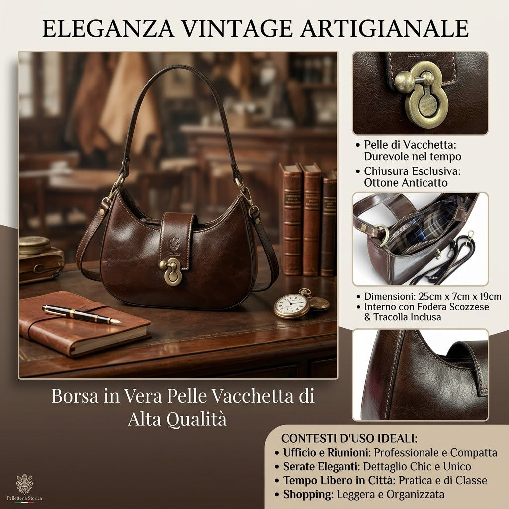 Modarno Borsa Hobo Classica "La Beatrice" in Pelle Vacchetta 25x7x19 cm