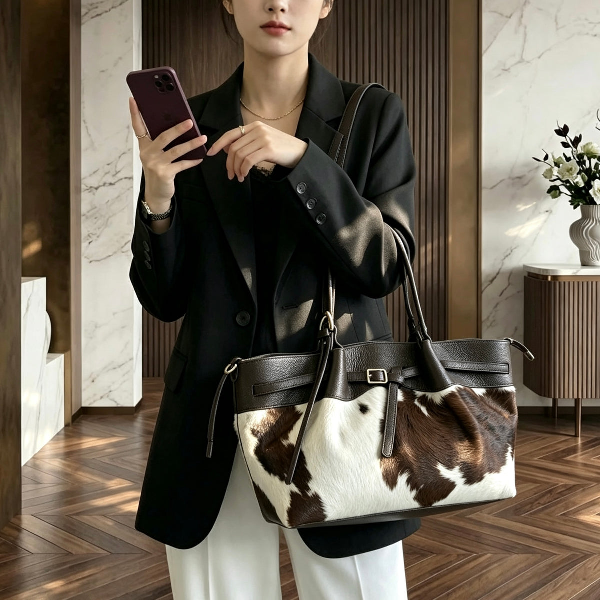 Modarno Borsa Shopper doppio manico XL in pelle e cavallino lussuoso 43x14x23 cm