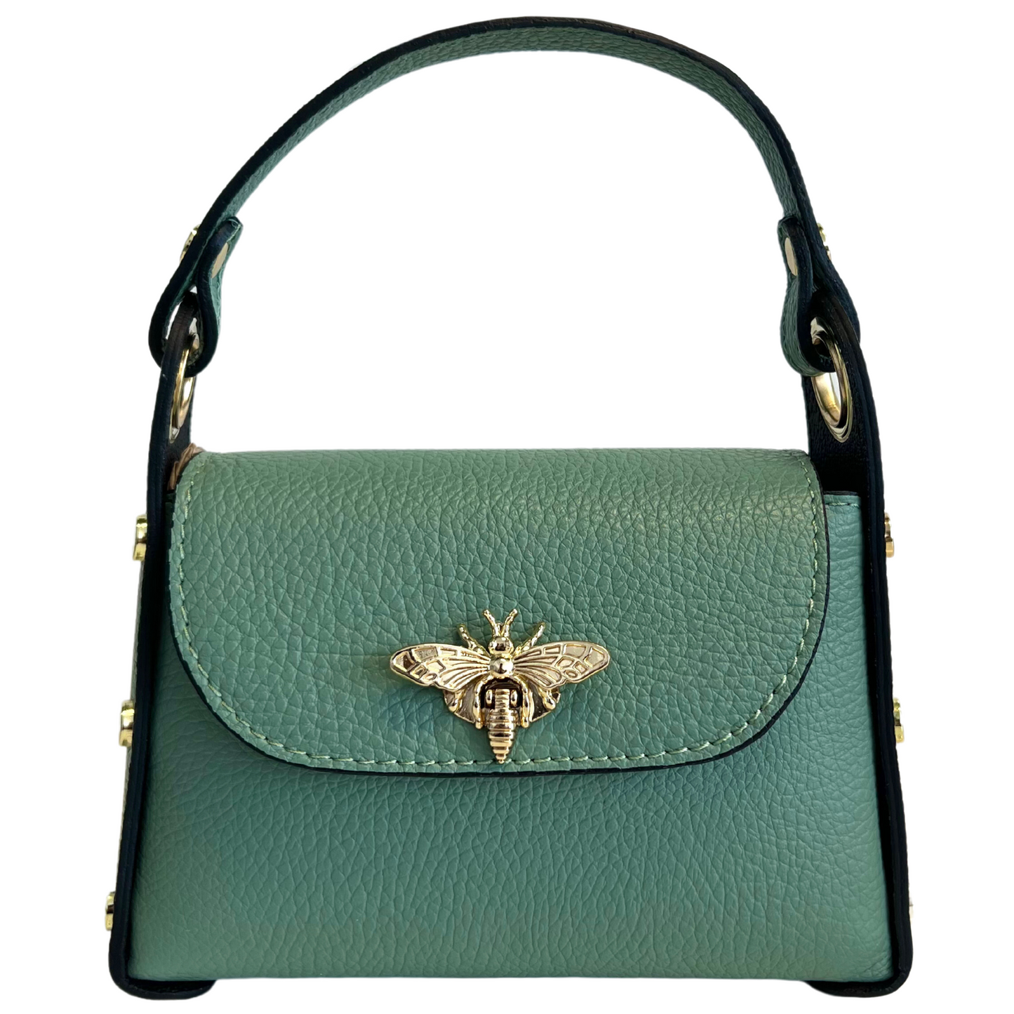 Modarno mini bag in genuine dollar leather with bee-shaped lobster clasp closure, side studs, removable metal chain, leather handle