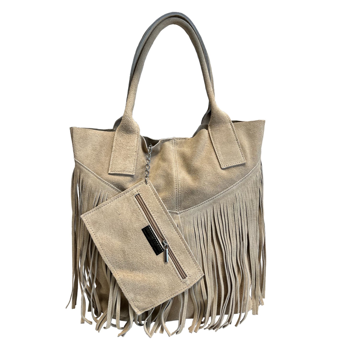 Modarno Women's shopper bag in genuine suede with fringe plus case for jewelry of the same color