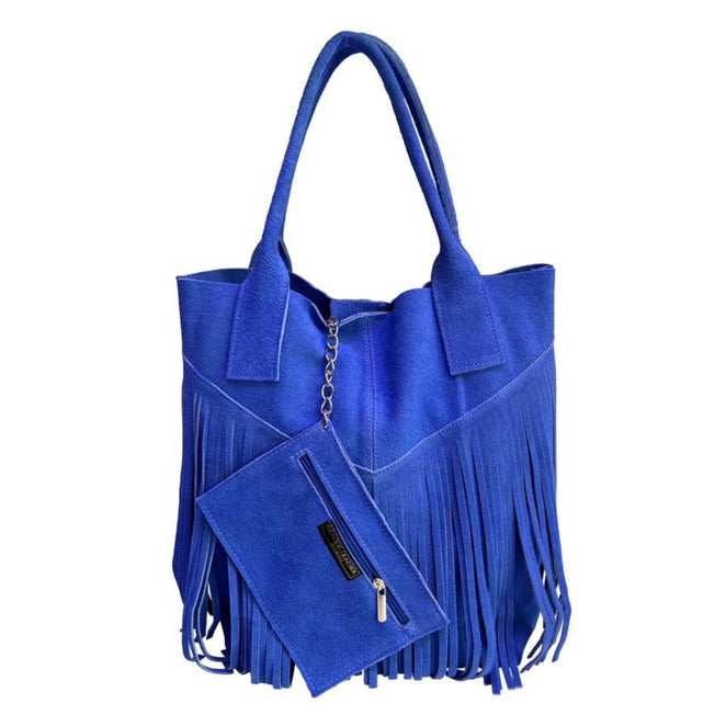 Modarno Women's shopper bag in genuine suede with fringe plus case for jewelry of the same color