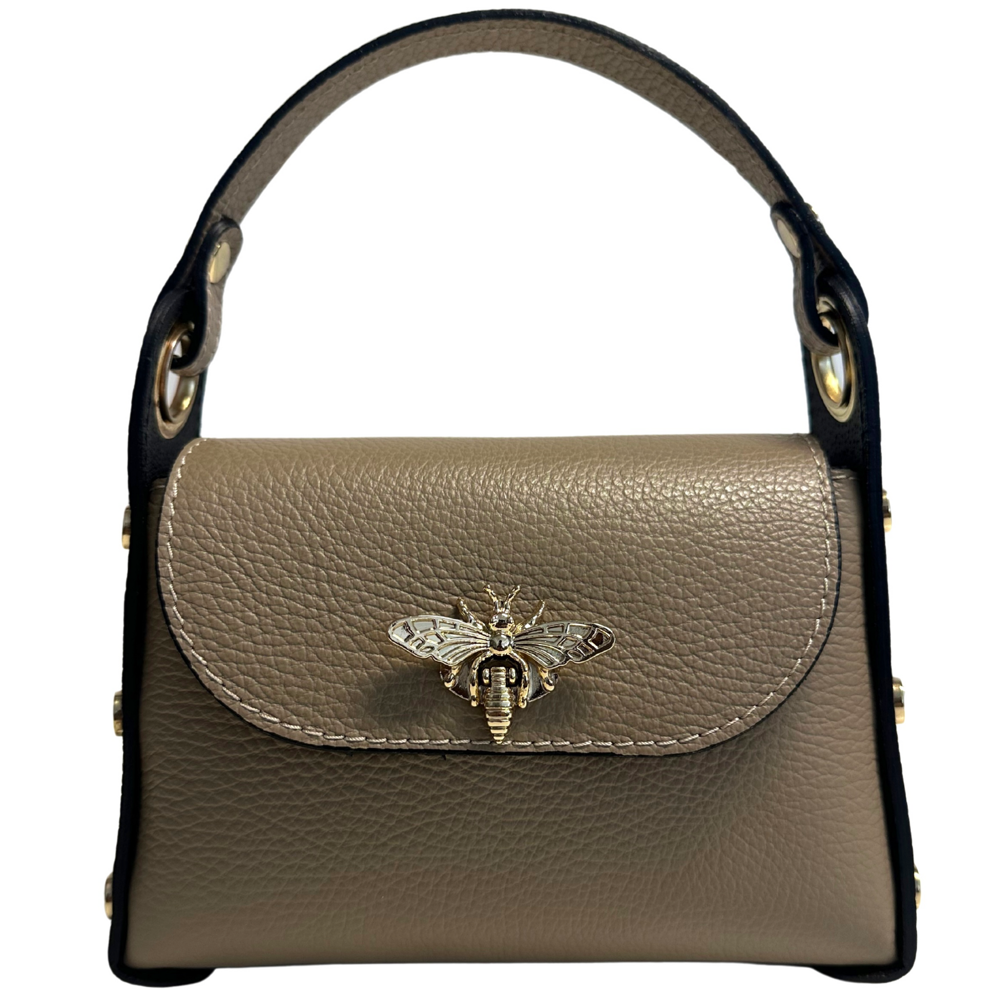 Modarno mini bag in genuine dollar leather with bee-shaped lobster clasp closure, side studs, removable metal chain, leather handle