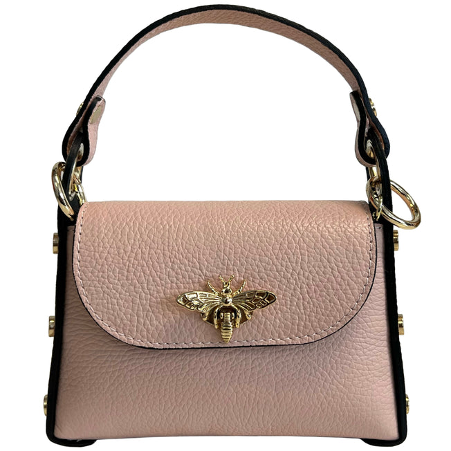 Modarno mini bag in genuine dollar leather with bee-shaped lobster clasp closure, side studs, removable metal chain, leather handle