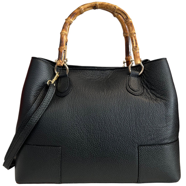 Modarno Woman Bag in Genuine Leather with real bamboo handle / Elegant and Minimal / Luxury bag Made in Italy