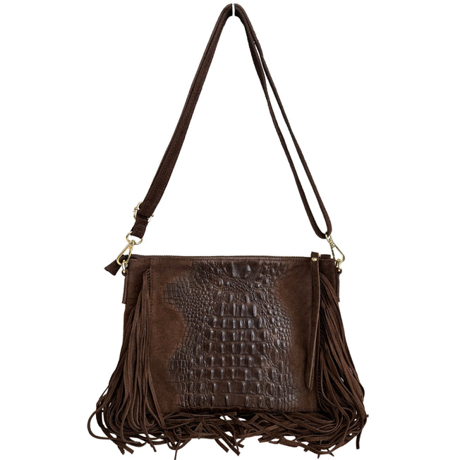 Modarno borsa da donna con frange, a tracolla, in pelle scamosciata 29x2x21 cm